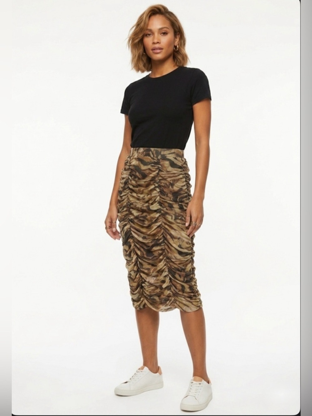 Topshop Mesh Animal Print Ruched Midi Skirt - Camo / Earthy Tones - Size 2